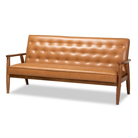 Baxton Studio Sorrento Mid-Century Modern Tan Faux Leather and Walnut Brown Finished Wood Sofa 175-10979-Zoro
